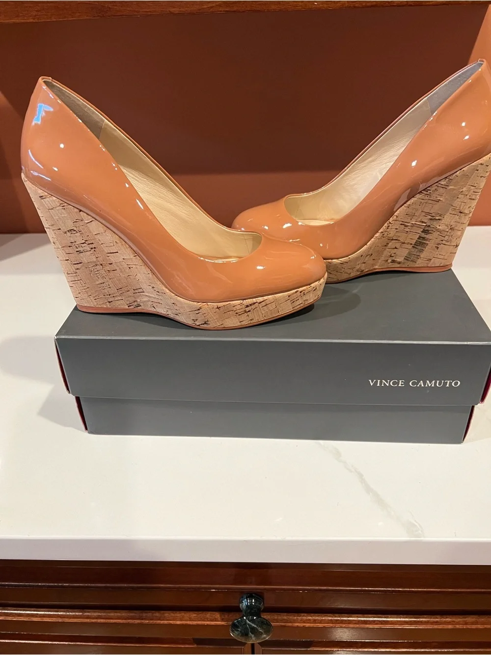 Vince Camuto nude Patent Cork Wedge Pumps